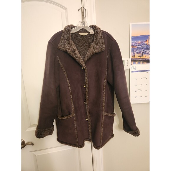 LL Bean Women's Vintage Brown Suede & Shearling Winter Coat Size XL - Picture 1 of 12
